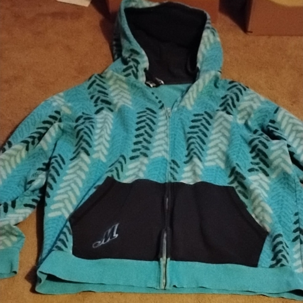 Vintage Miola Teal Owl Feather Patterned Zippered Hoodie North Bay Canada